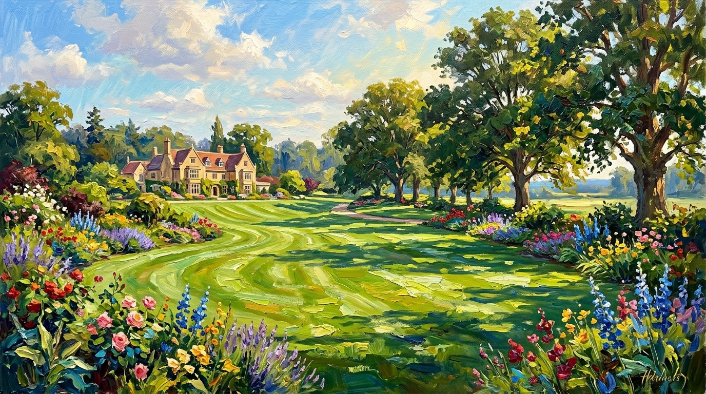Impressionistic fine art &bull; Sunny rolling country estate lawn with manicured mowing stripes and flowers
