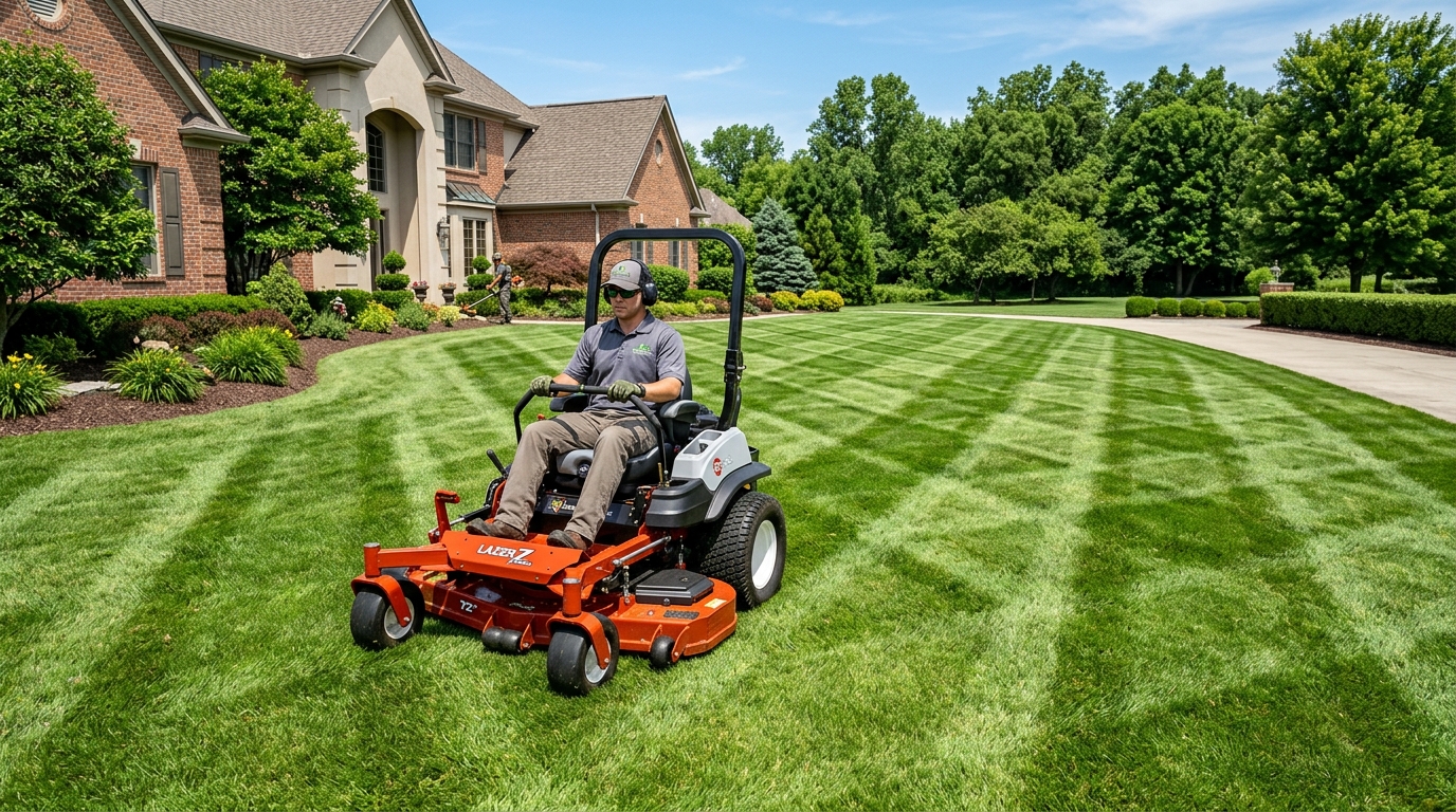 Commercial turf care &bull; High-end zero-turn mower laying precision striped turf lines on sunny afternoon